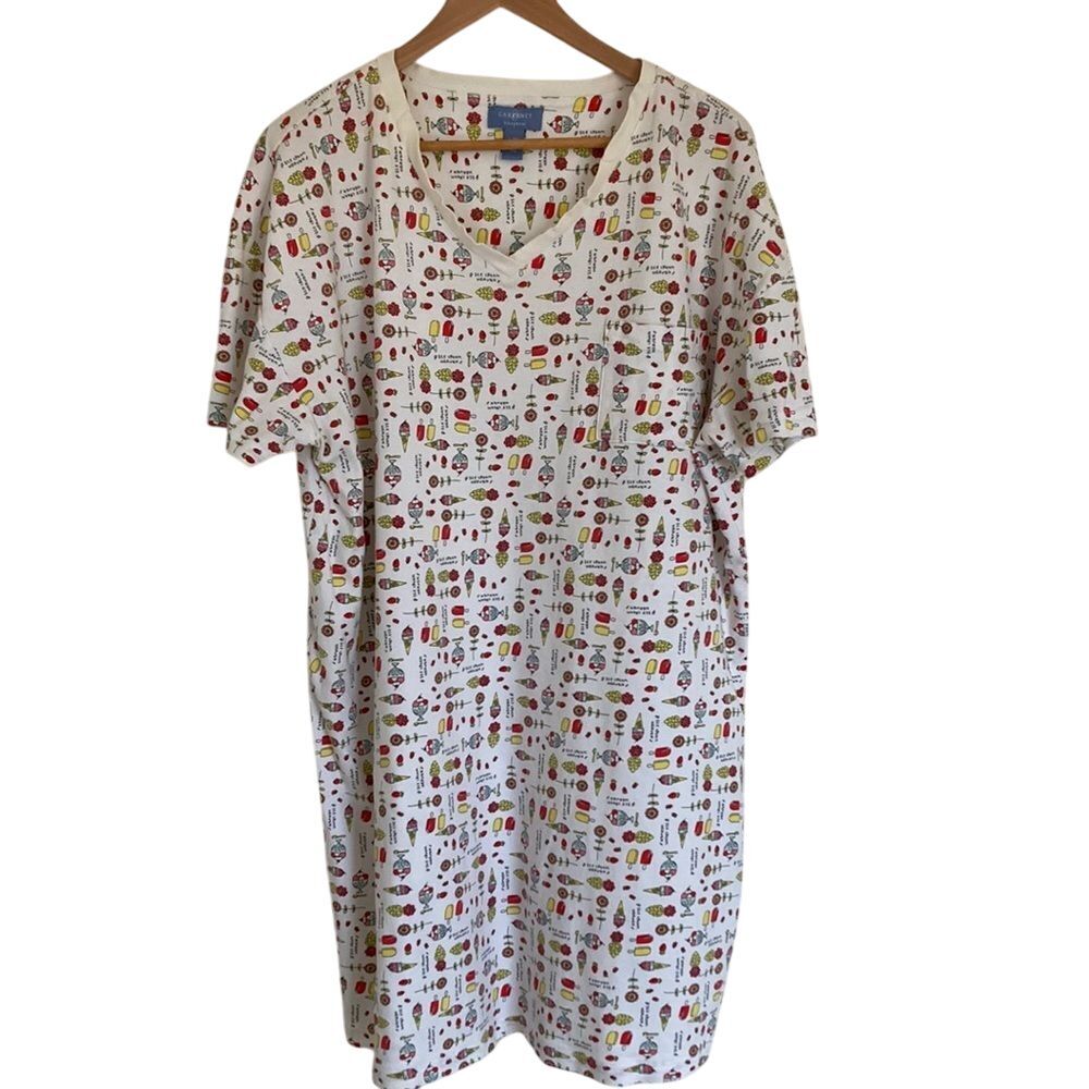 Cabernet Sleep Shirt Gown Womens Size L/XL White Red Yellow Novelty Print V Neck